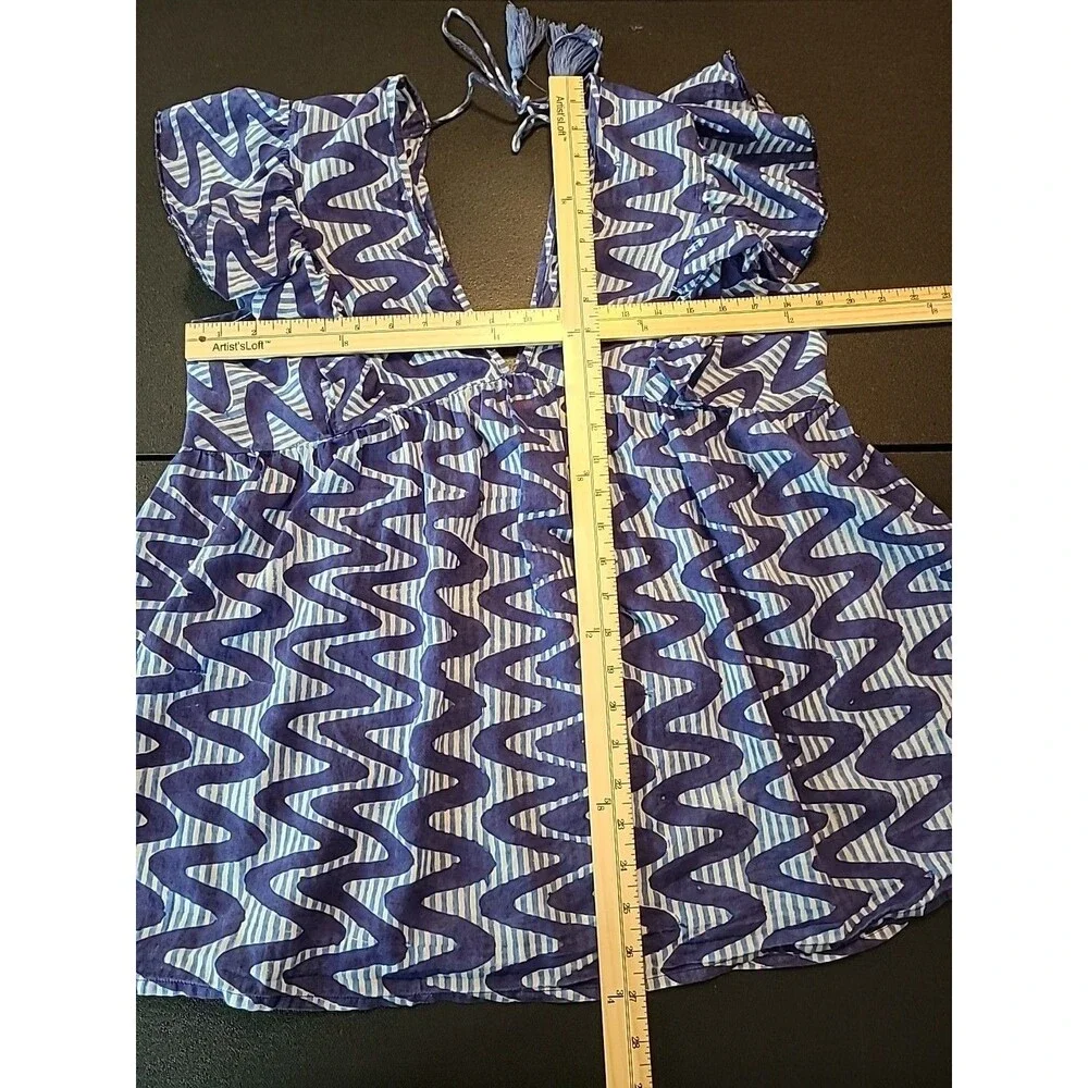 Oliphant Blue White Wave Stripe Flutter Sleeve Top Boho Coastal Tassel Tunic M - Picture 7 of 9